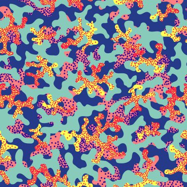 Soyut kamuflaj, moda dikişsiz desen arka plan. Serin kamuflaj askeri doku. Doğa Çiçek illüstrasyon. Dikişsiz desen çocuk moda kumaş kumaş Tekstil. Renkli modern. Vektör.