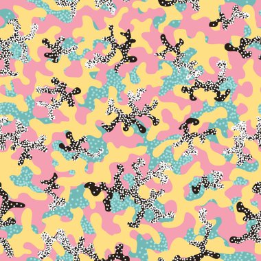 Soyut kamuflaj, moda dikişsiz desen arka plan. Serin kamuflaj askeri doku. Doğa Çiçek illüstrasyon. Dikişsiz desen çocuk moda kumaş kumaş Tekstil. Renkli modern. Vektör.