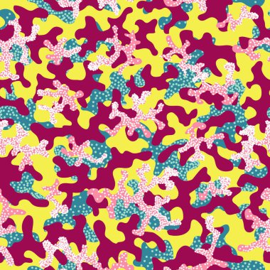 Soyut kamuflaj, moda dikişsiz desen arka plan. Serin kamuflaj askeri doku. Doğa Çiçek illüstrasyon. Dikişsiz desen çocuk moda kumaş kumaş Tekstil. Renkli modern. Vektör.