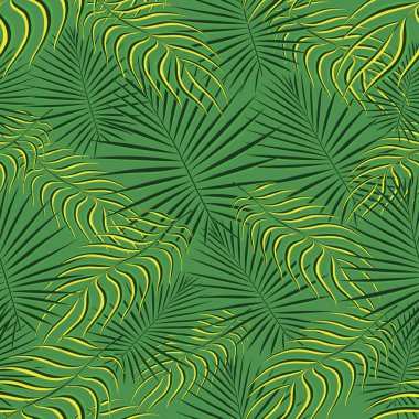 Egzotik tropik desen. Tropikal çiçekli kumaş arka planı. Palmiye yaprağı renkli klasik yaz. Doğal yapraklar tropikal. Duvar kağıdı ve mayo baskı dekorasyonu için kusursuz vektör tasarımı.