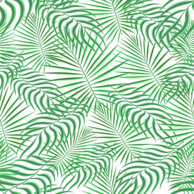 Tropik desenli, pürüzsüz bir arka plan. Palmiye yaprakları, modern, pürüzsüz tropik yaz sanatı. Dekorasyon kumaşı ve moda tekstili için renkli doğal botanik baskısı. Palmiye yaprağı. Vektör tropik bitkiler..