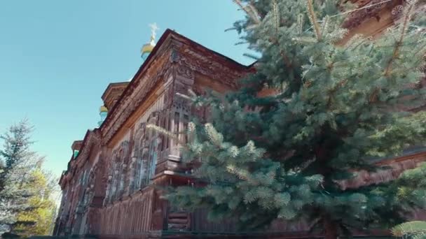 Ancient russian wooden church with fur-trees around — Stock Video