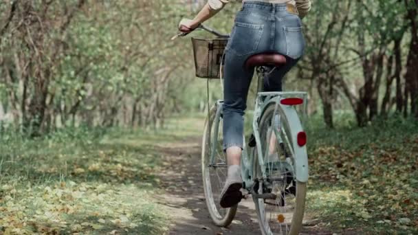 Vrouw op de fiets rijdt door de vallei van de bomen — Stockvideo