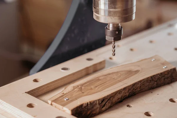 Machine tool in wood factory with drilling cnc machines. Computer numerical control — Stock Photo, Image