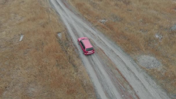 La voiture parcourt les champs avec des cultures, 4k photographie aérienne, vidéo d'un drone — Video