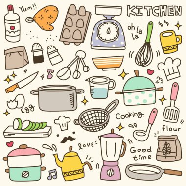 Şirin mutfak baharat ve mutfak eşyaları Doodle