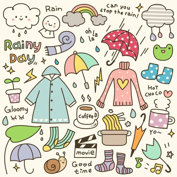 Set Cute Rainy Day Doodle - Stok Vektor
