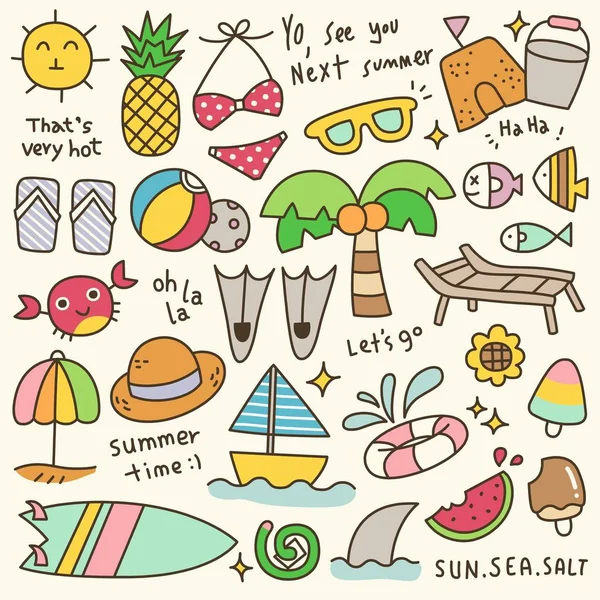 Conjunto Doodle Bonito Hora Verão — Vetor de Stock