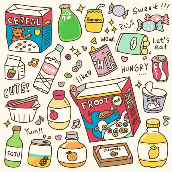 Set Cute Grocery Food Doodle — Stock Vector