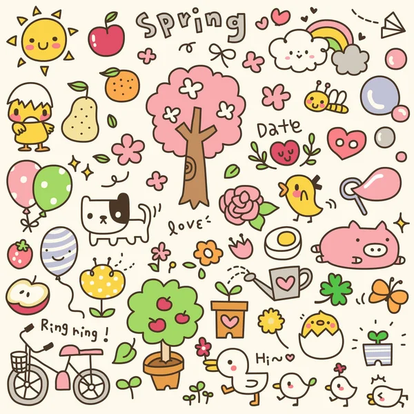 Set Carino Primavera Tempo Doodle — Vettoriale Stock