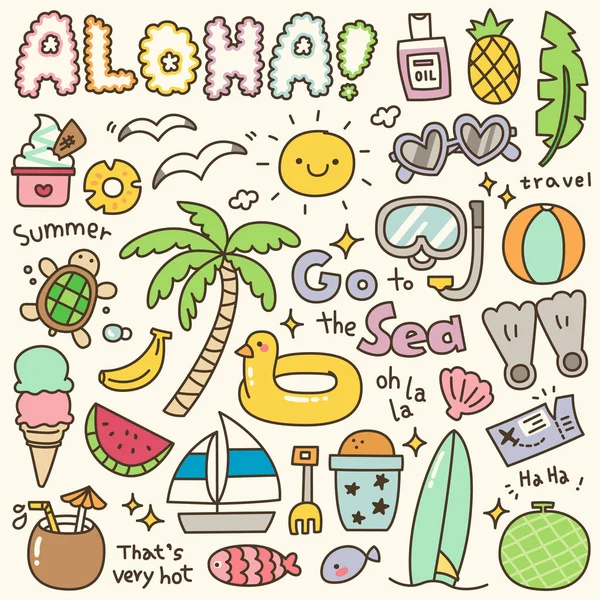 Conjunto Lindo Verano Doodle Vacaciones — Vector de stock