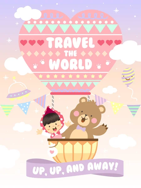 Cute Little Girl Bear Riding Hot Air Balloon Vector — Stock Vector