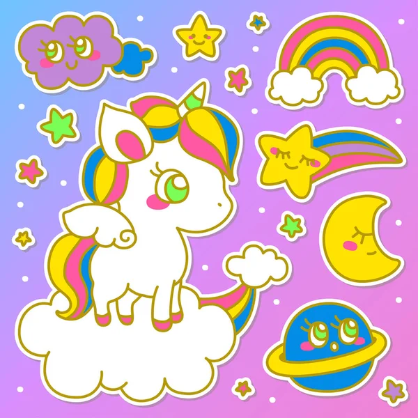 Set Patch Moda Decorativi Badge Spille Unicorno Arcobaleno Nube Stella — Vettoriale Stock