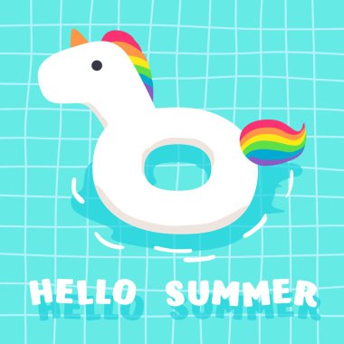 Şirin Yaz Şatosu Havuzda Yüzüyor. Tek boynuzlu at..