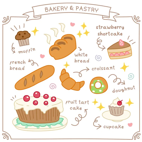 Set Cute Bakery Pastry Doodle — Stock Vector