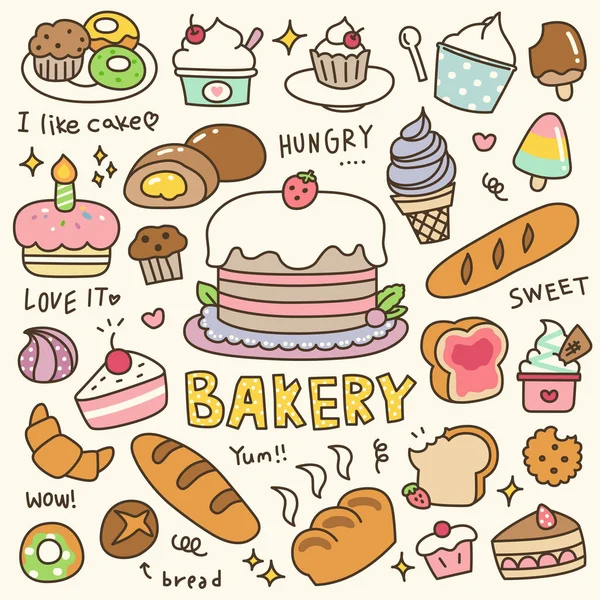 Şirin Fırın, Pasta ve Tatlı Çöreği seti. El çizimi. Vektör İllüstrasyonu.