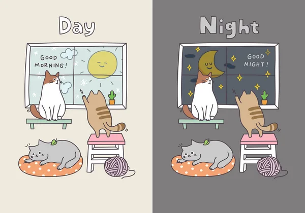 Bonito Dia Noite Sol Lua Com Gatos Ilustração Vetorial — Vetor de Stock