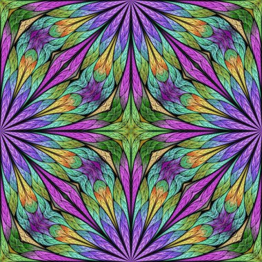 Renkli çiçek desenleri, vitray şeklinde. Davetiyeler, defter kapakları, telefon kılıfları, kartpostallar, duvar kağıtları gibi şeyler için kullanabilirsiniz. Yaratıcı tasarım için sanat.