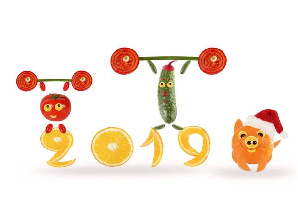 Creatieve Voedsel Concept Weinig Grappig Groenten Met 2019 Gelukkig Nieuwjaar — Stockfoto