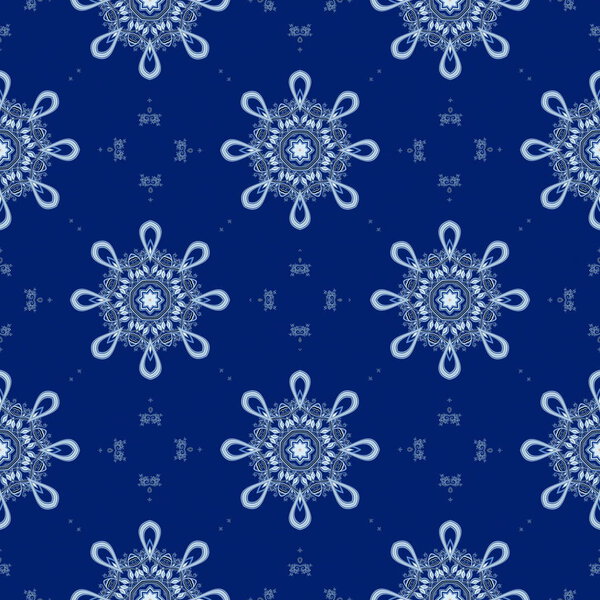 Seamless snowflakes openwork pattern. Fabulous fractal background with circle ornament. Mary Christmas and Happy New Year theme. 