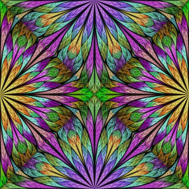 Renkli çiçek desenleri, vitray şeklinde. Davetiyeler, defter kapakları, telefon kılıfları, kartpostallar, duvar kağıtları gibi şeyler için kullanabilirsiniz. Yaratıcı tasarım için sanat.