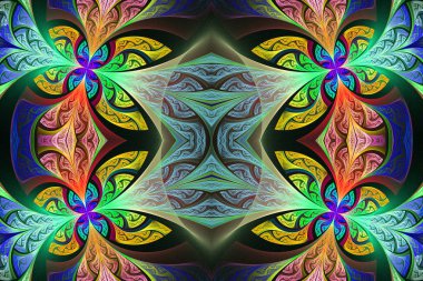 Çok renkli simetrik çiçek deseni vitray pencere içinde 