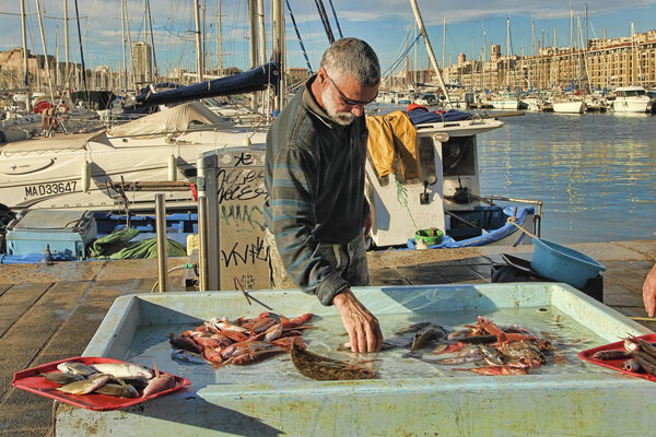 Франция, Марсель -19 ноября 2018 года: Покупатель на рыбном рынке в Марселе. Старый порт Марселя (Vieux-Port), Марсель - крупнейший город Франции на побережье Средиземного моря и крупнейший торговый порт. Октябрь 19, 2018
.
