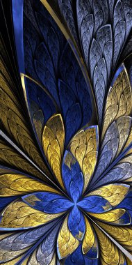 Renkli cam pencere şeklinde siyah renkte kelebek ya da fraktal çiçek. Bej ve mavi palet. Bilgisayar tarafından oluşturulan grafikler.