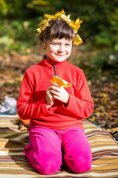 başında bir piknik ile bir çelenk sonbaharın kırmızı kazaklı kız bırakır