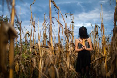 bir kız bir kulak Mısır göğsüne tutarak kurutulmuş Mısır alan başında siyah bir bezle portresi