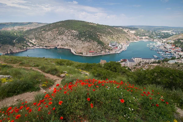eğri denizin Bay ve çiçekli haşhaş ile noktalı tepeler arasında şehir Balaklava Üstten Görünüm