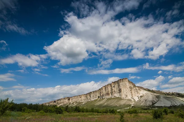 güneşli günde bir bulutlu gökyüzü altında kırmızı ve beyaz kır çiçekleri bir alanın üzerinde saf Beyaz kayalıklar
