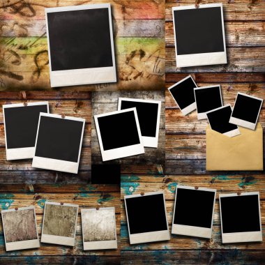 Eski bir ahşap arka plan asılı Polaroid