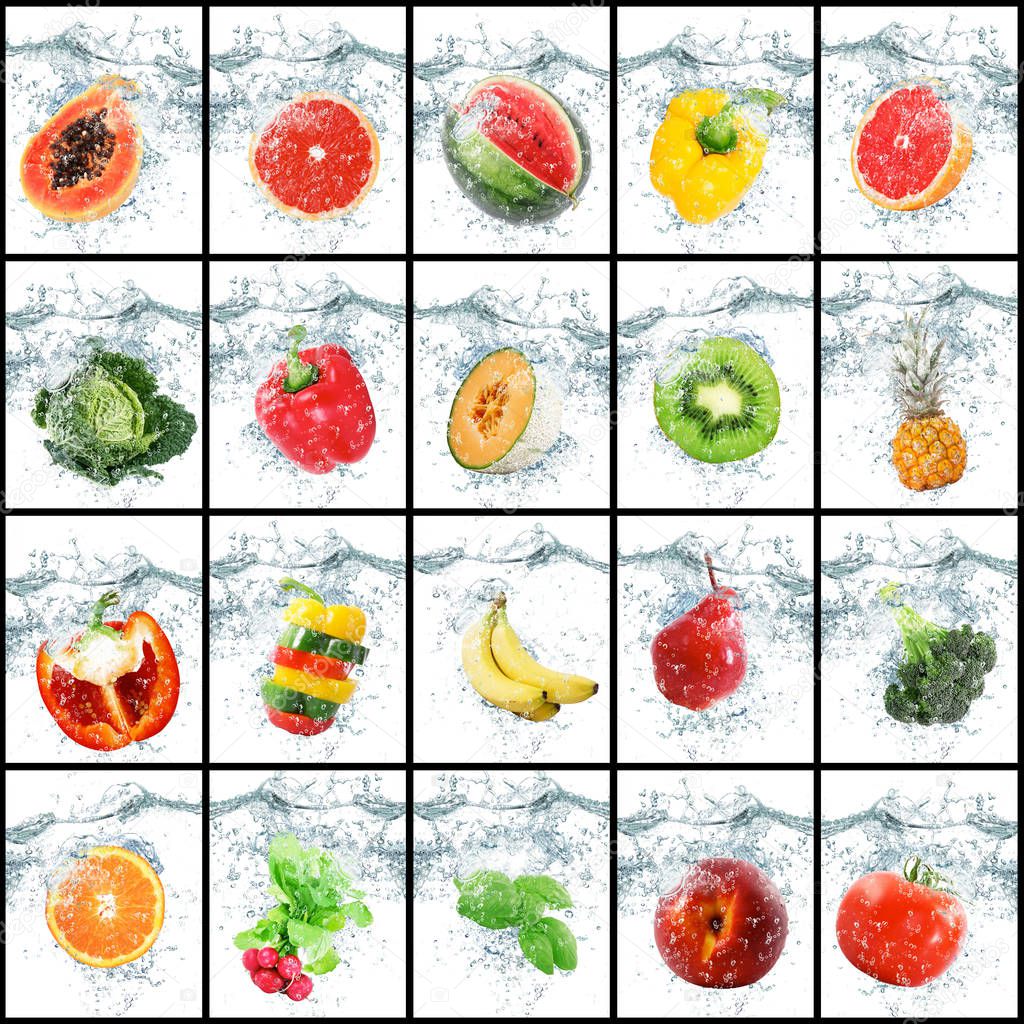 fresh fruits and vegetables falling in water