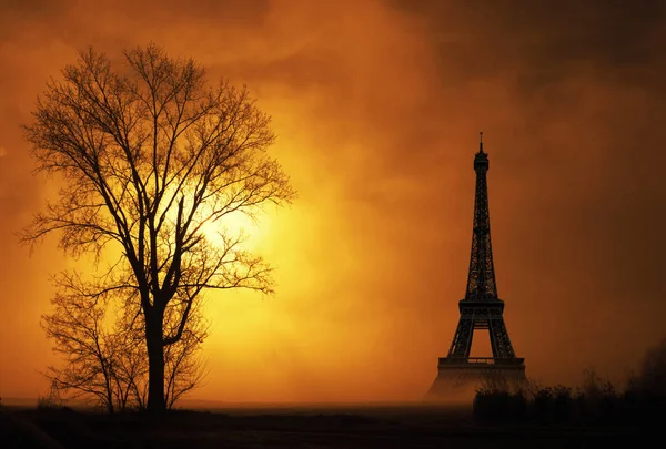 a Winter rural landscape of Eiffel Tower at sunrise