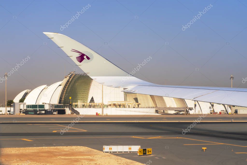DOHA, QATAR -04 August 2018- Airplanes from Qatar Airways QR are lined up at the Hamad International Airport DOH in Doha, the hub for national carrier Qatar Airways.