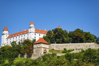 Bratislava kalesi mavi bir gökyüzüne karşı. Bratislava Kalesi. Bratislava'daki Beyaz Kale.