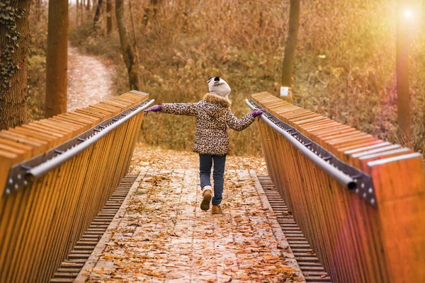 Een meisje loopt over de brug op een herfst dag. Een herfst warme zonnige dag. Meisje in een jas en muts in een herfst dag wandelingen op een houten brug. — Stockfoto