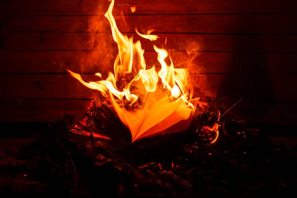 Concept for the destruction of confidential documents.Burning book on fire at night. People don\'t like reading. Intellectual problems.