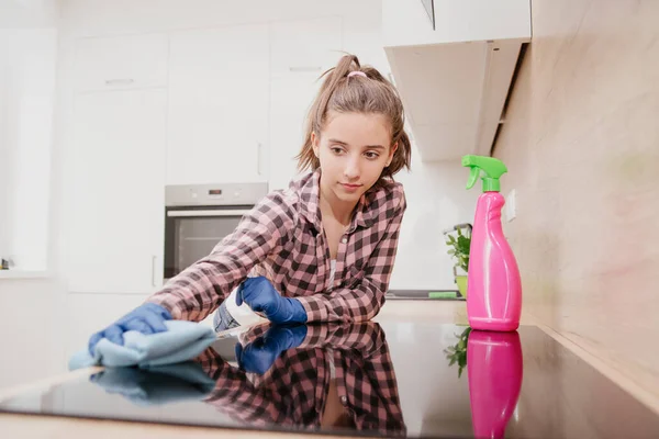 Close Young Girl Wearing Protective Rubber Gloves Rag Cleaning Electric — Stock Photo, Image