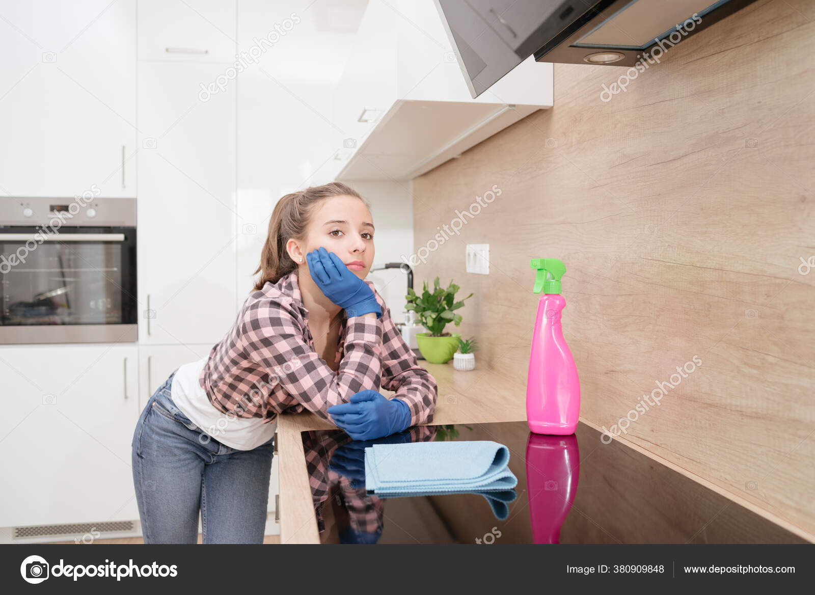 Tired Young Cleaner Rests Kitchen Cleaning House Leaning Kitchen