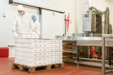 Ürün kutularında mal paketlemek. Gıda ürünü endüstrisi ve yüksek teknoloji üretim süreci için karton kutu paketleme.