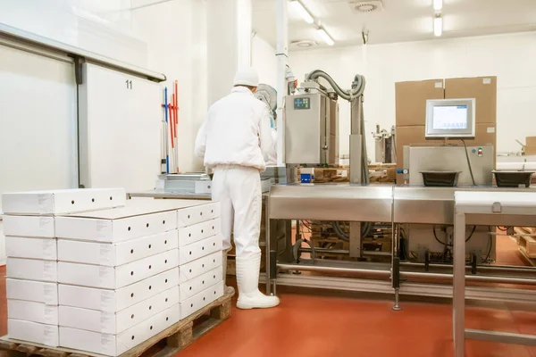 Ürün kutularında mal paketlemek. Gıda ürünü endüstrisi ve yüksek teknoloji üretim süreci için karton kutu paketleme.