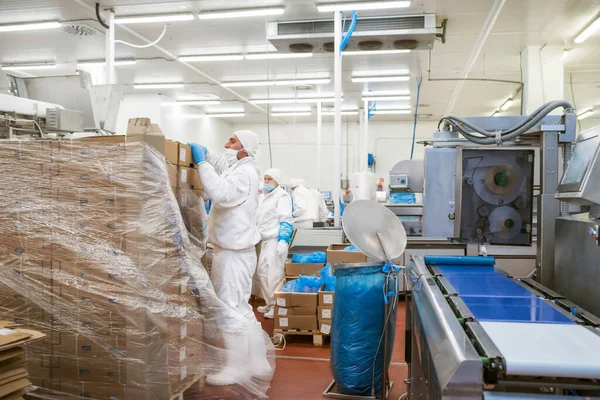 Bir et fabrikasında endüstriyel ekipman. Et işleme tesisi. Et işleme ekipmanları. Paketleme ve et kesme ile üretim hattı.