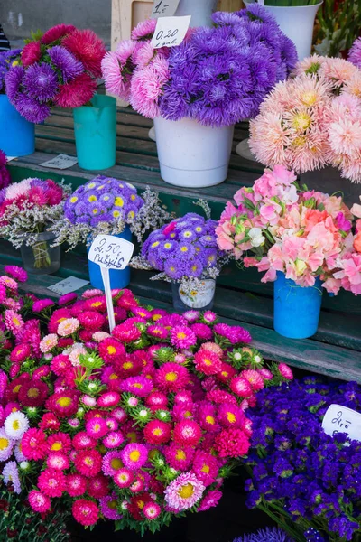 Different autumn flowers on sale on central market in bouquets with prices