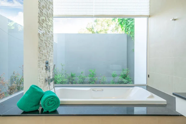 Luxury bathroom features bathtub home, house, building, hotel — стоковое фото