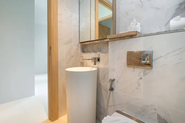 Intérieur salle de bain réelle caractéristiques lavabo et cuvette de toilette — Photo