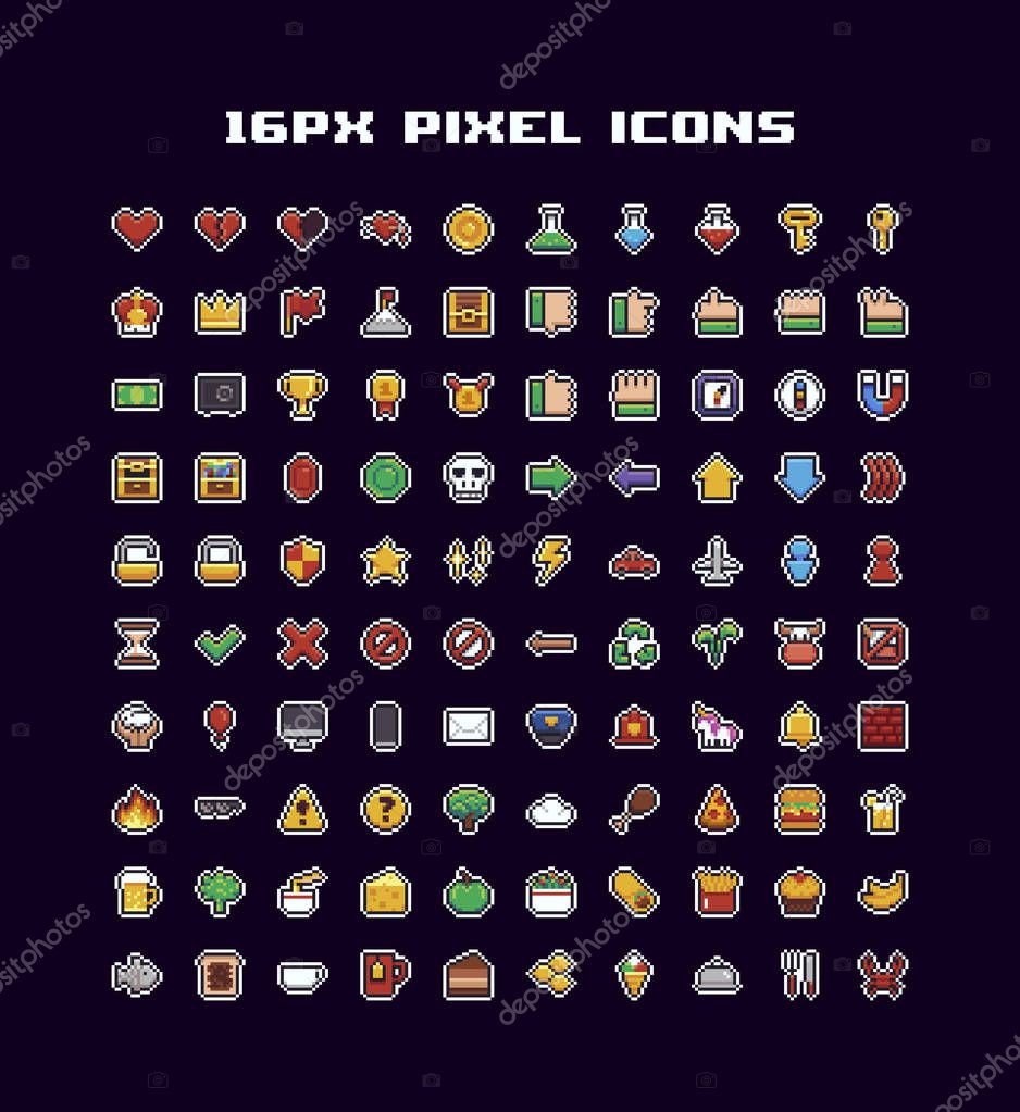 100 pixel art icons, different pictograms with hearts, potions, hand gestures, trophys, arrows, food and game symbols