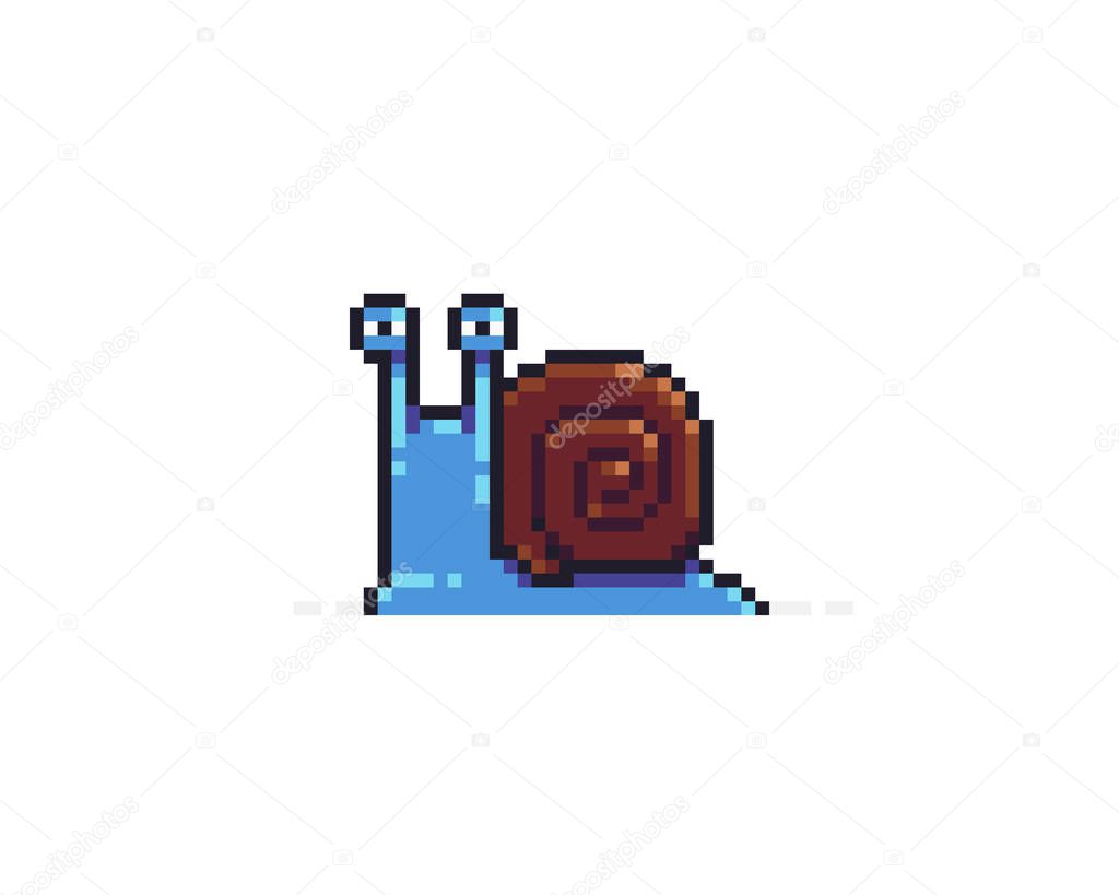 Pixel art suspicious snail character on white background