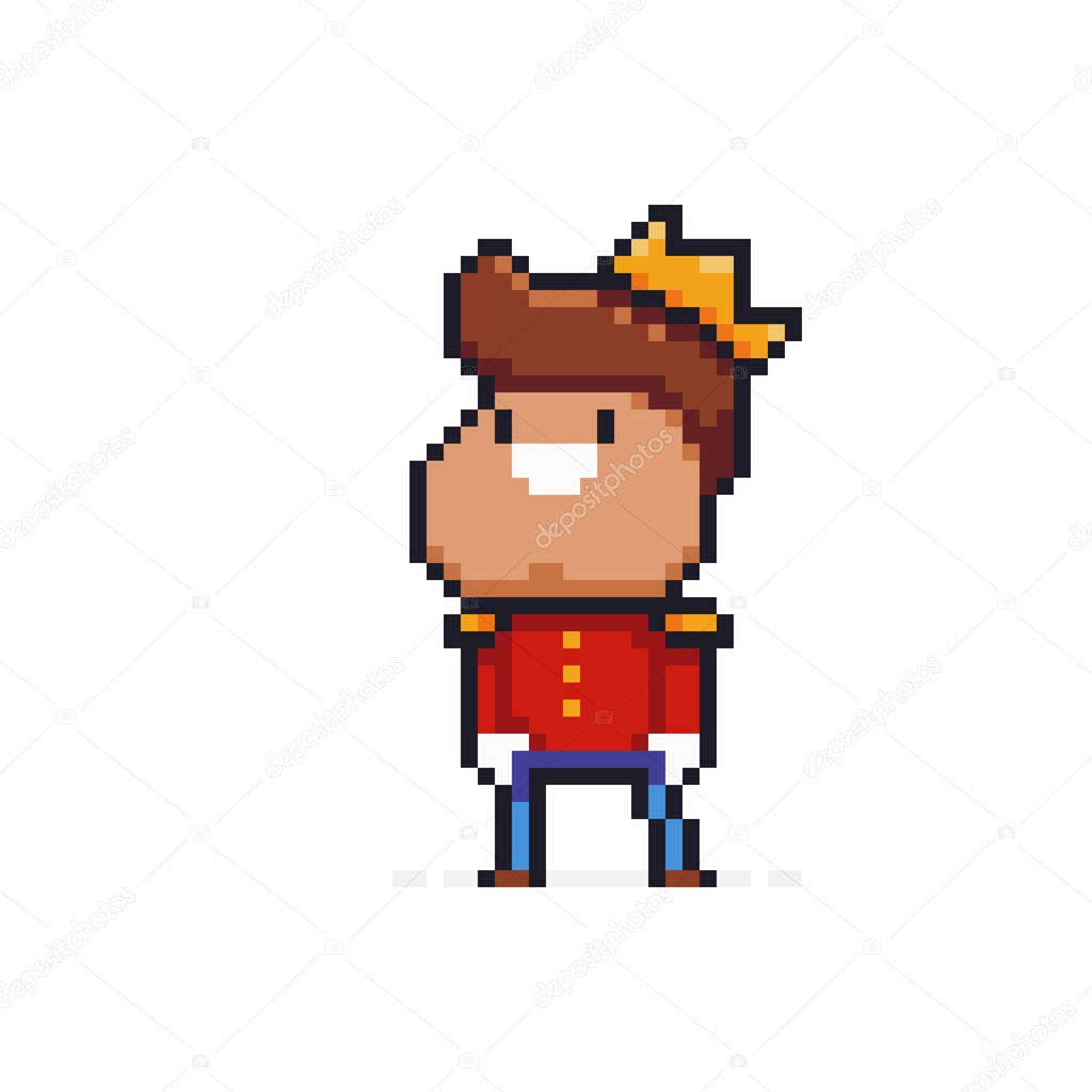 Pixel art smiling prince in red jacket with golden crown